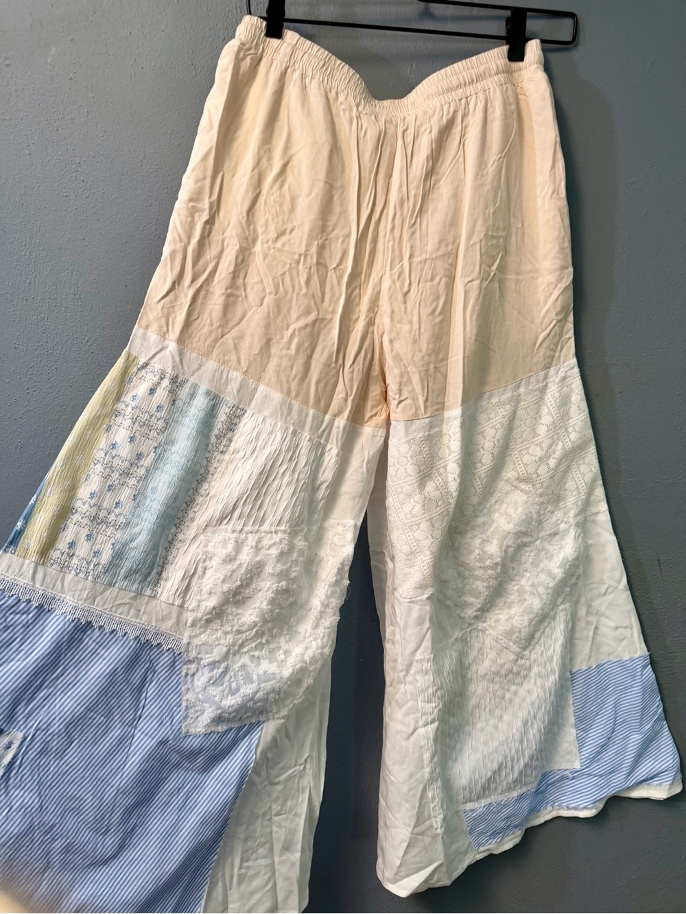 Patchwork Wide-Leg Pants in Cream and Light Blue
